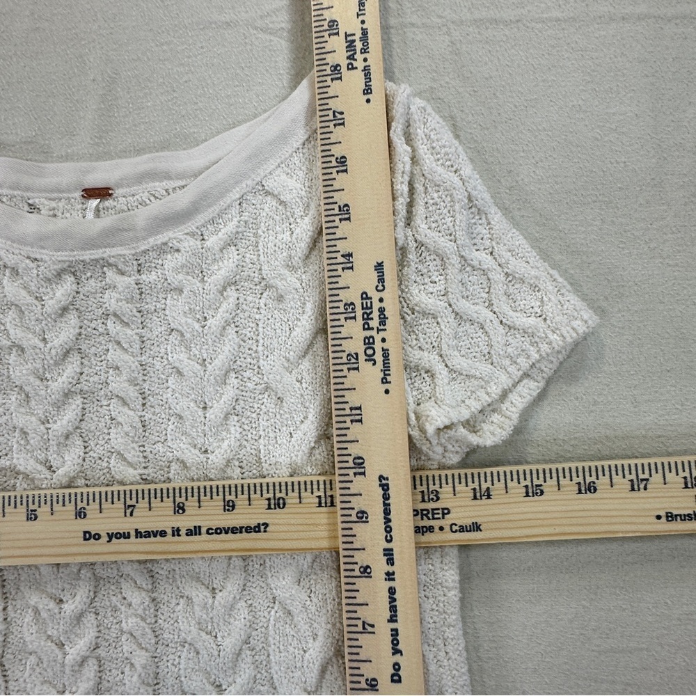 Free People Cream Cable Knit Detail Short Sleeved Sweater Sz S - Picture 2 of 7
